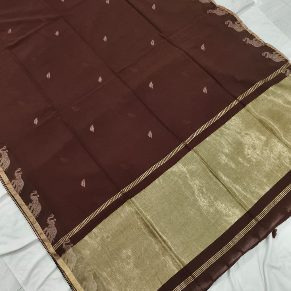 Bengal Cotton Saree- Brown Color with Elephant Border