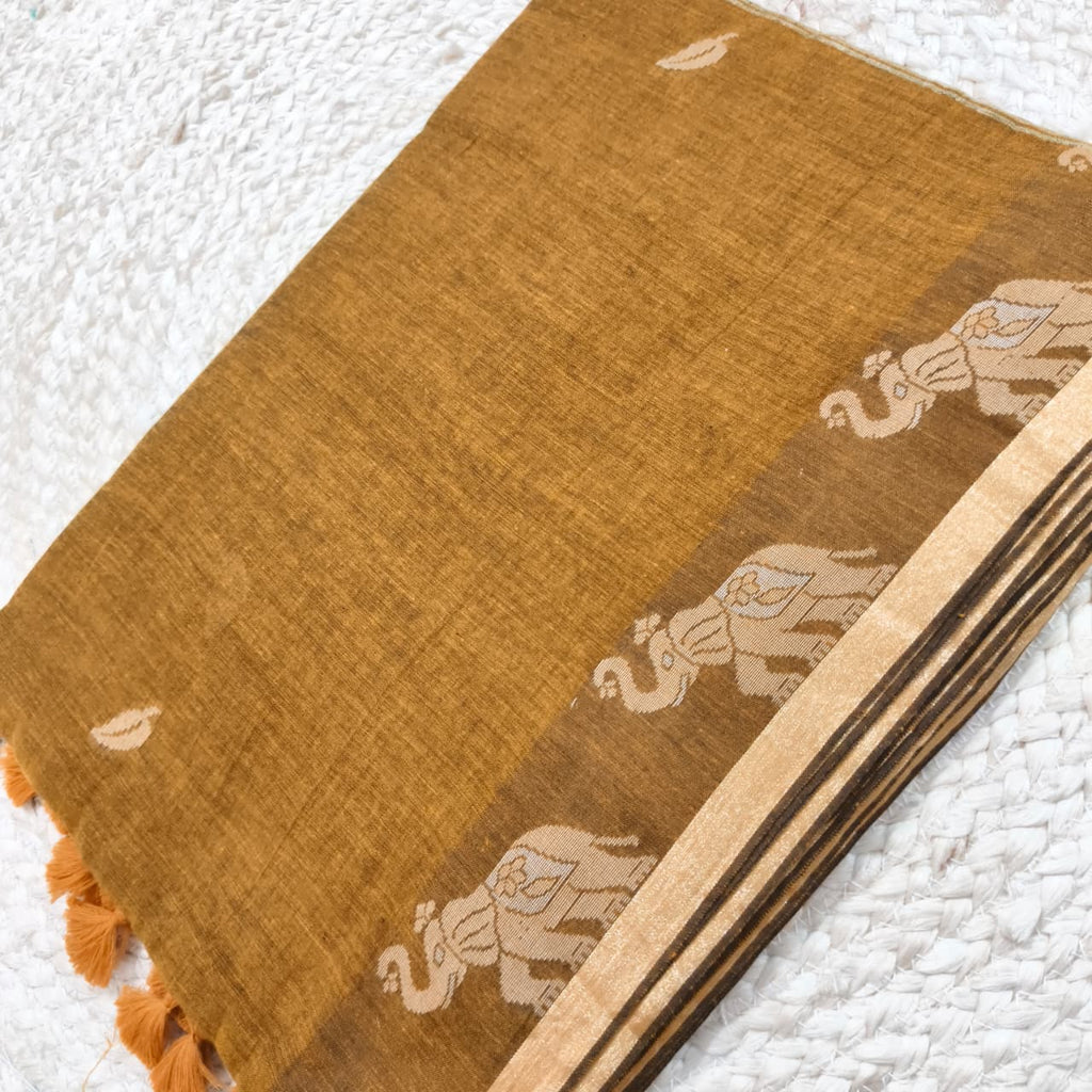 Bengal Cotton Saree- Mustard Yellow with Elephant Border