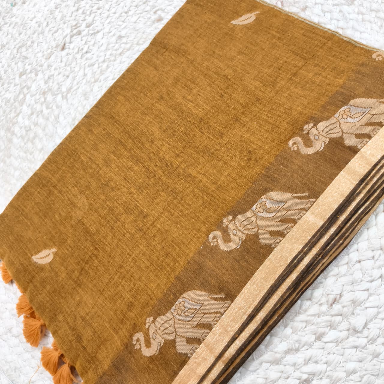 Bengal Cotton Saree- Mustard Yellow with Elephant Border