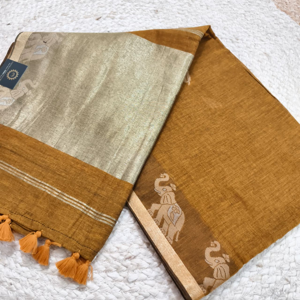 Bengal Cotton Saree- Mustard Yellow with Elephant Border