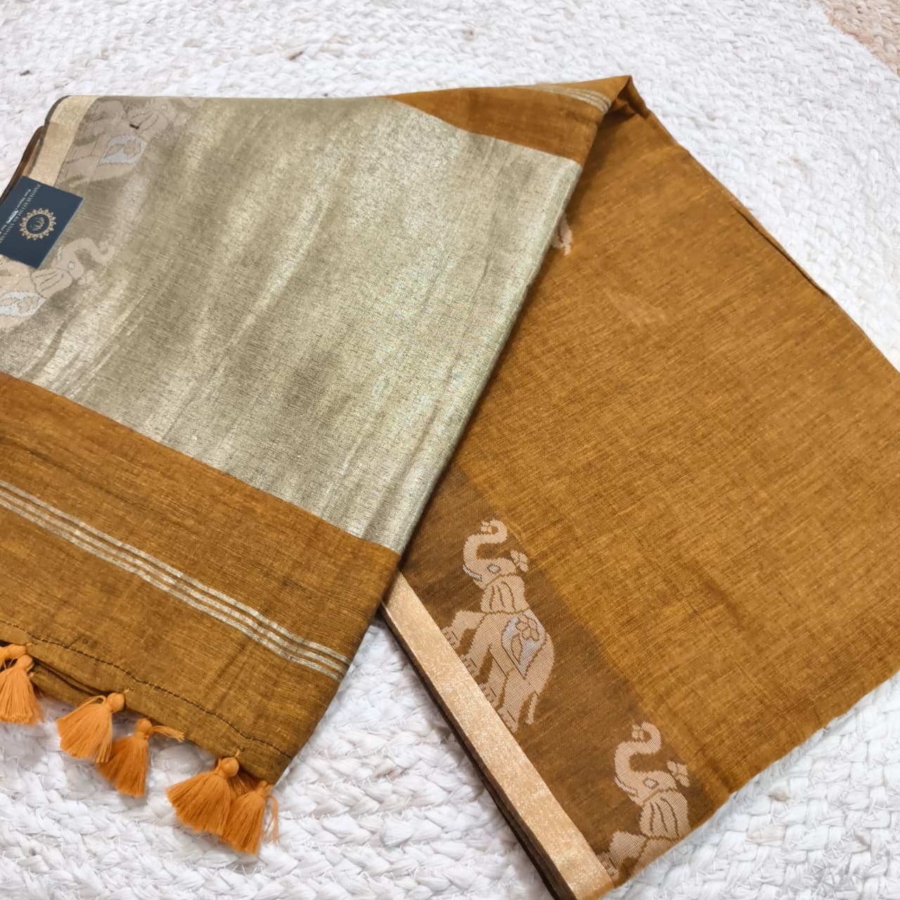Bengal Cotton Saree- Mustard Yellow with Elephant Border