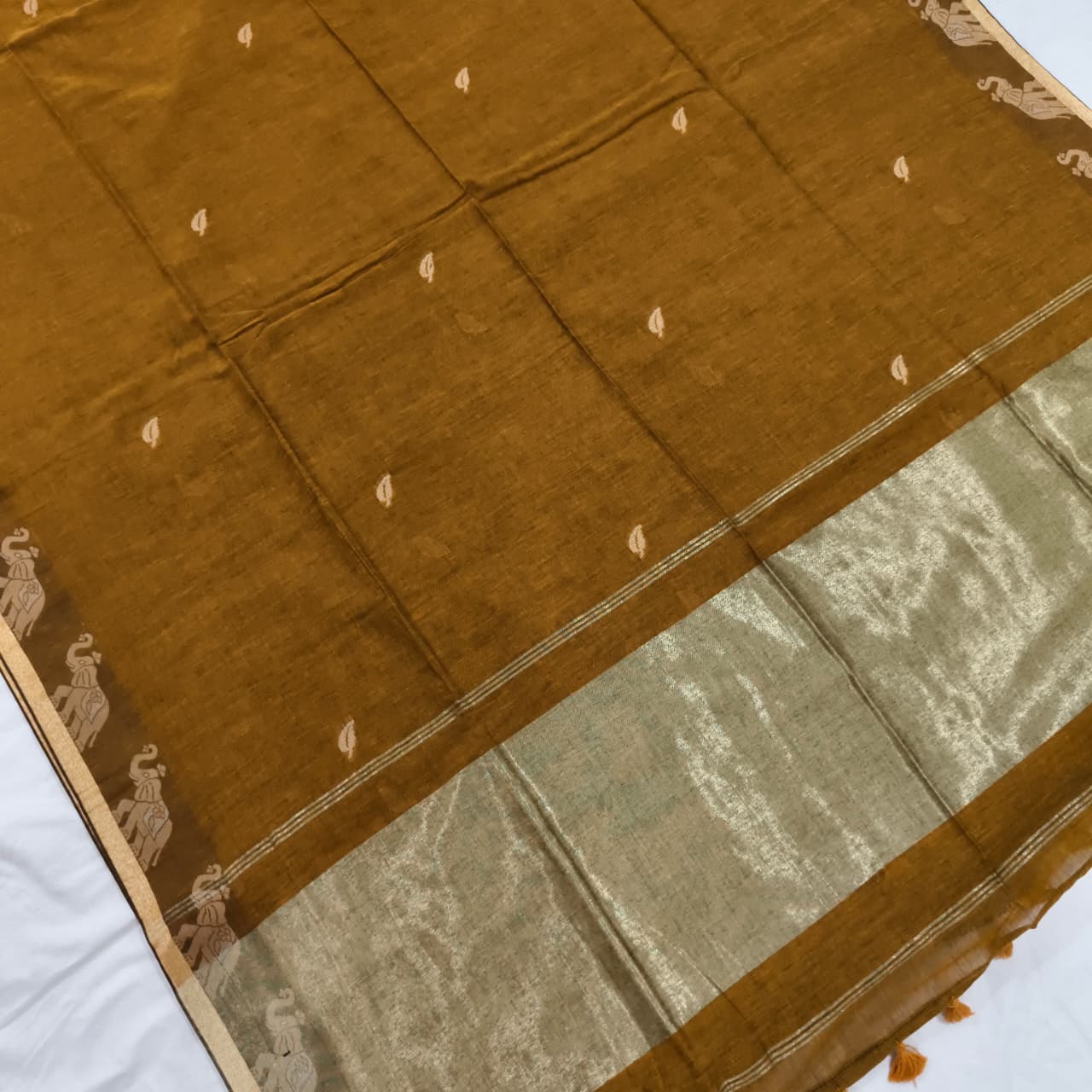 Bengal Cotton Saree- Mustard Yellow with Elephant Border