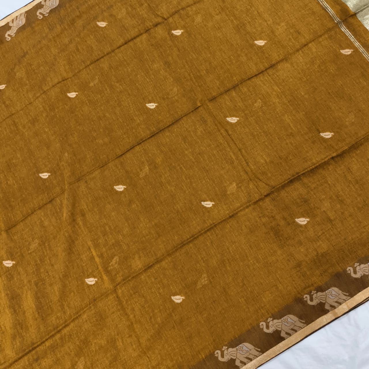 Bengal Cotton Saree- Mustard Yellow with Elephant Border