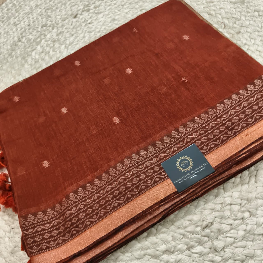Bengal Cotton Saree- Rust orange Color