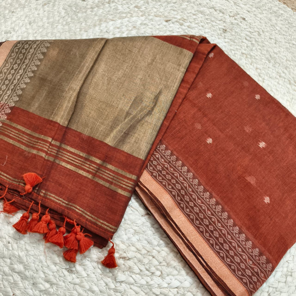 Bengal Cotton Saree- Rust orange Color