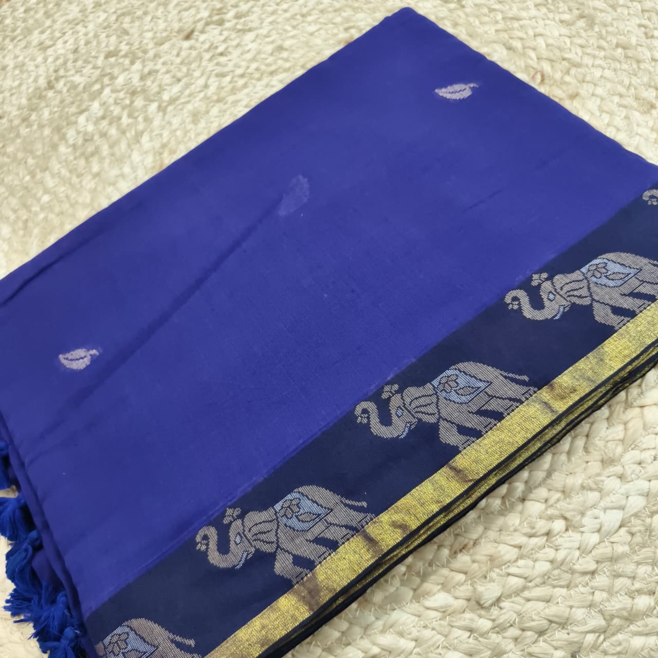 Bengal Cotton Saree- Blue Color with Elephant border