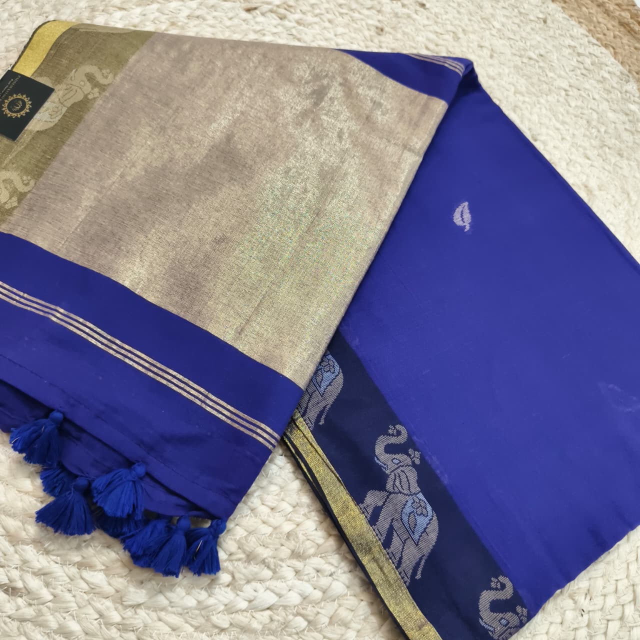 Bengal Cotton Saree- Blue Color with Elephant border