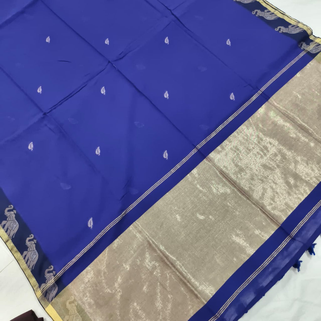 Bengal Cotton Saree- Blue Color with Elephant border