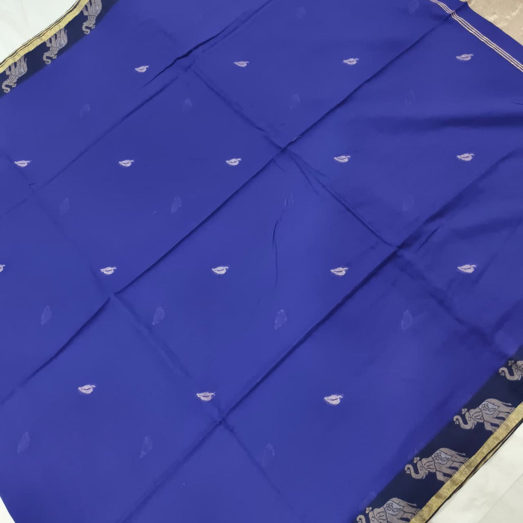 Bengal Cotton Saree- Blue Color with Elephant border