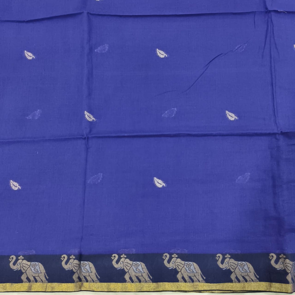 Bengal Cotton Saree- Blue Color with Elephant border