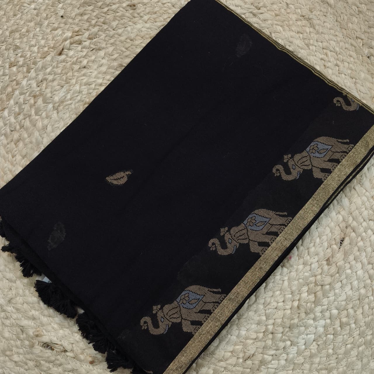 Bengal Cotton Saree- Black Color with Elephant border