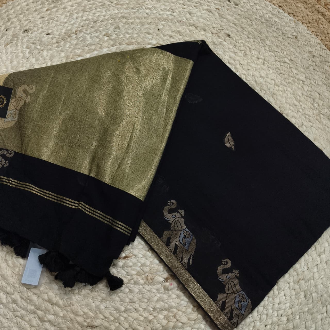 Bengal Cotton Saree- Black Color with Elephant border