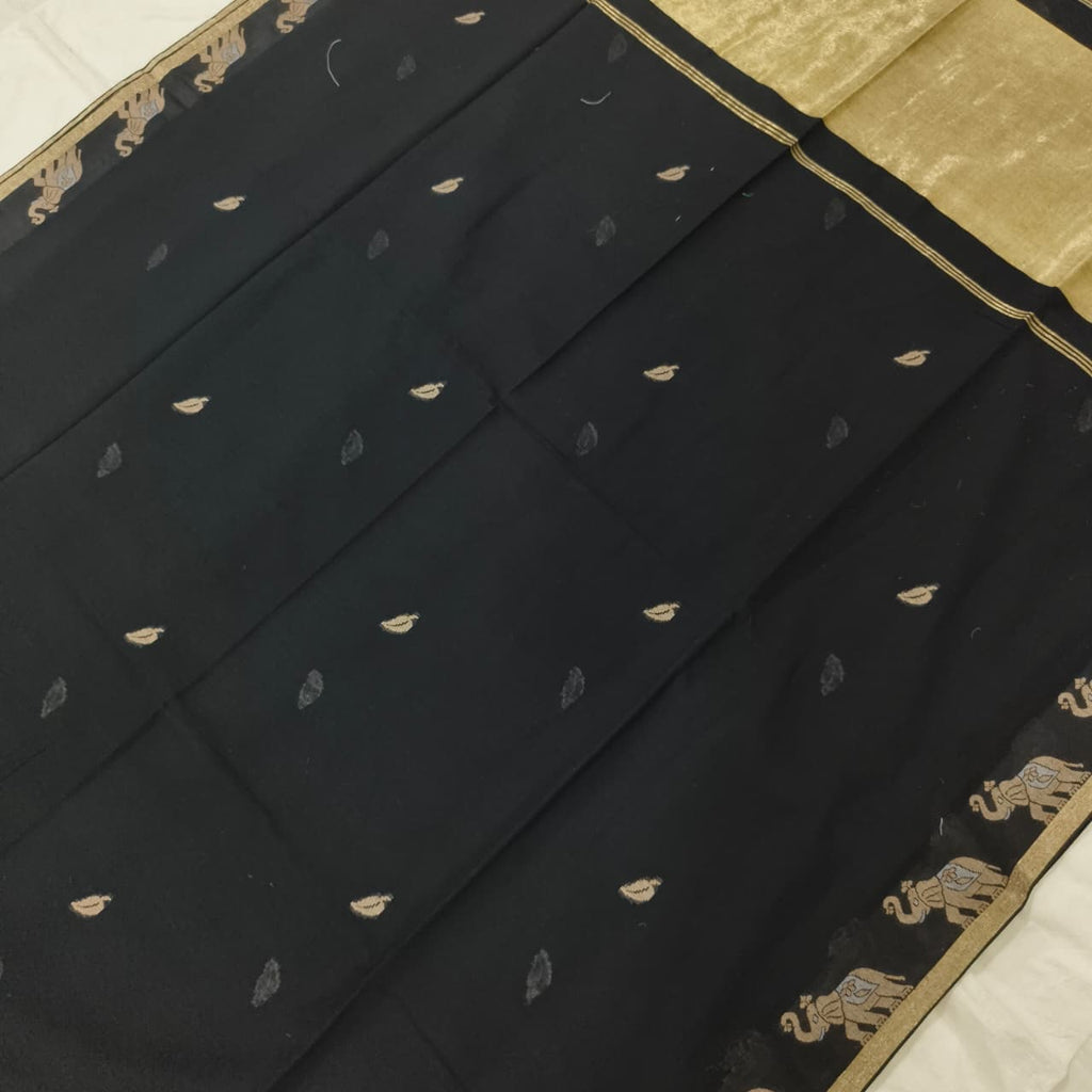 Bengal Cotton Saree- Black Color with Elephant border