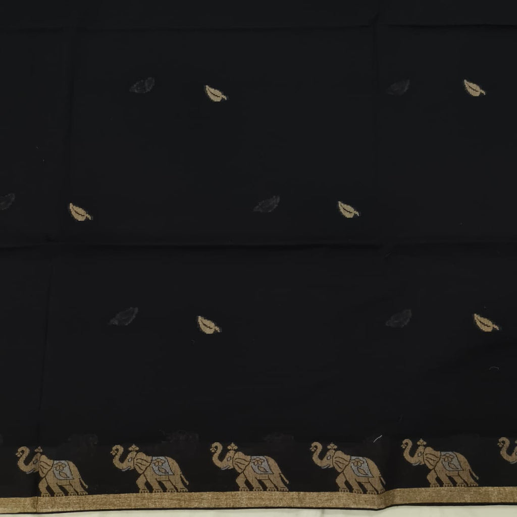 Bengal Cotton Saree- Black Color with Elephant border