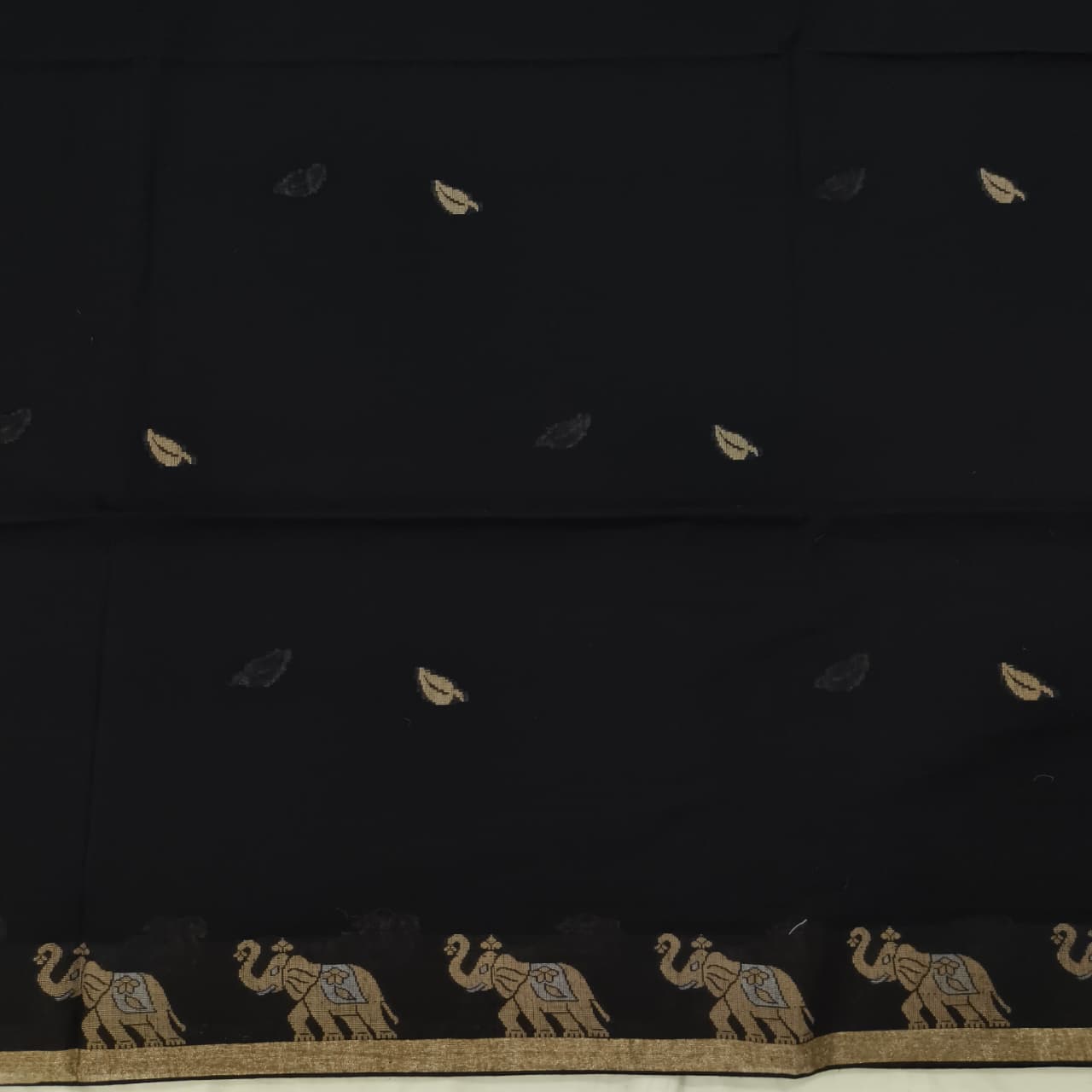 Bengal Cotton Saree- Black Color with Elephant border