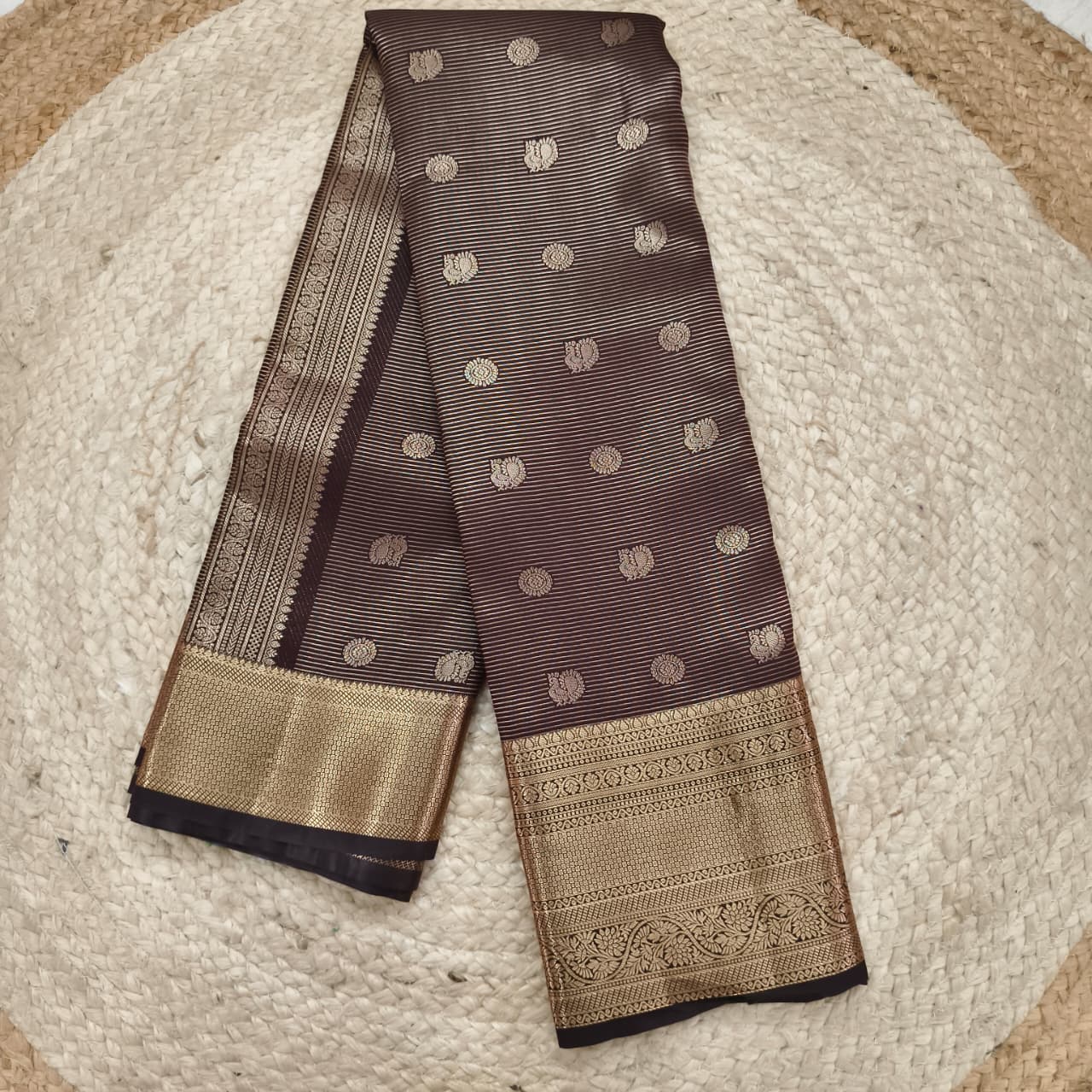 Semi Kanchipuram Silk Saree- Chocolate Brown