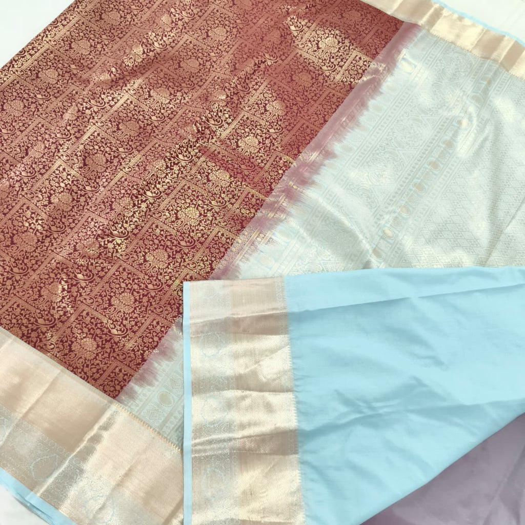 Semi Kanchipuram Brocade Silk Saree- Deep Maroon with Light Blue color Contrast