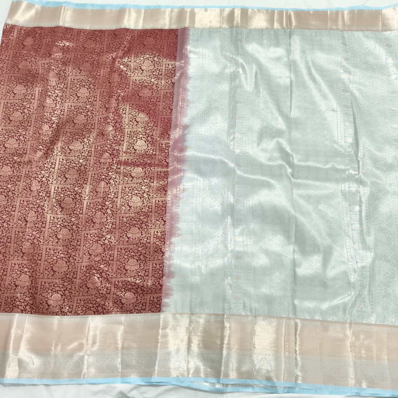 Semi Kanchipuram Brocade Silk Saree- Deep Maroon with Light Blue color Contrast