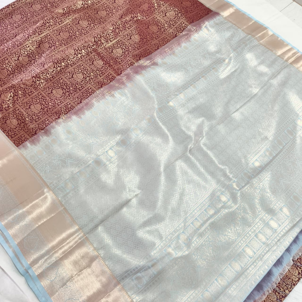 Semi Kanchipuram Brocade Silk Saree- Deep Maroon with Light Blue color Contrast