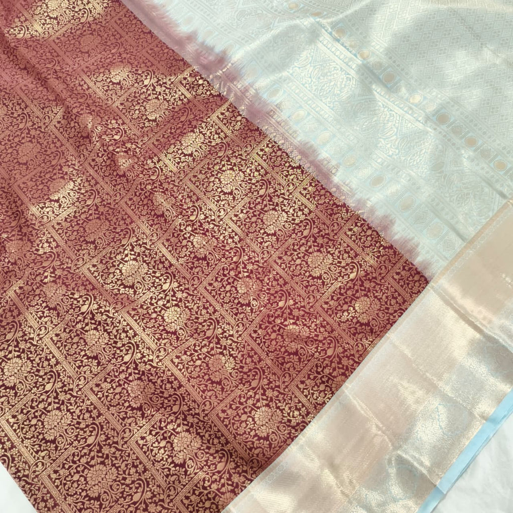 Semi Kanchipuram Brocade Silk Saree- Deep Maroon with Light Blue color Contrast