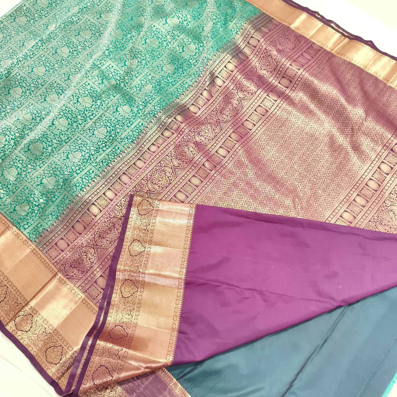 Semi Kanchipuram Brocade Silk Saree- Dark Rama Green with Wine color Contrast
