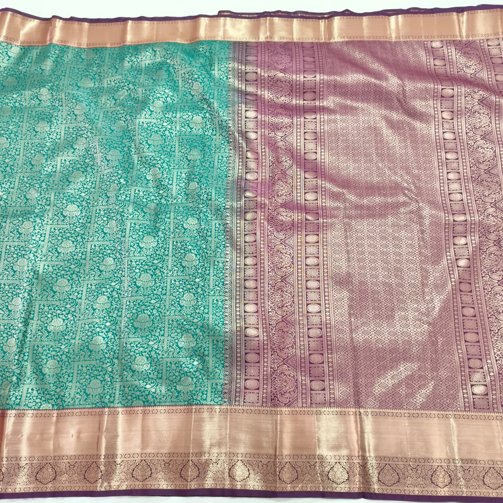Semi Kanchipuram Brocade Silk Saree- Dark Rama Green with Wine color Contrast