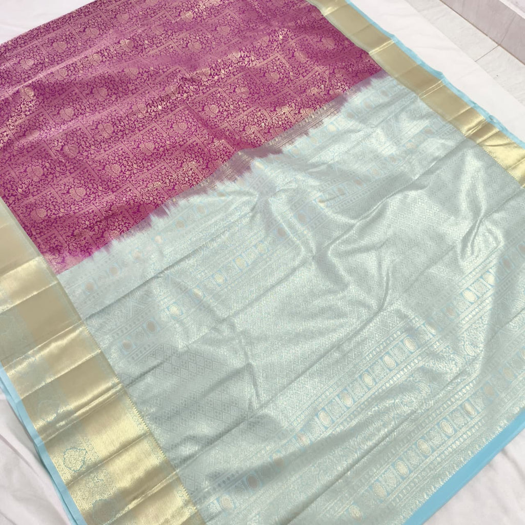 Semi Kanchipuram Brocade Silk Saree- Magenta with light blue color Contrast