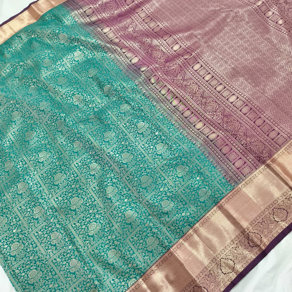 Semi Kanchipuram Brocade Silk Saree- Dark Rama Green with Wine color Contrast