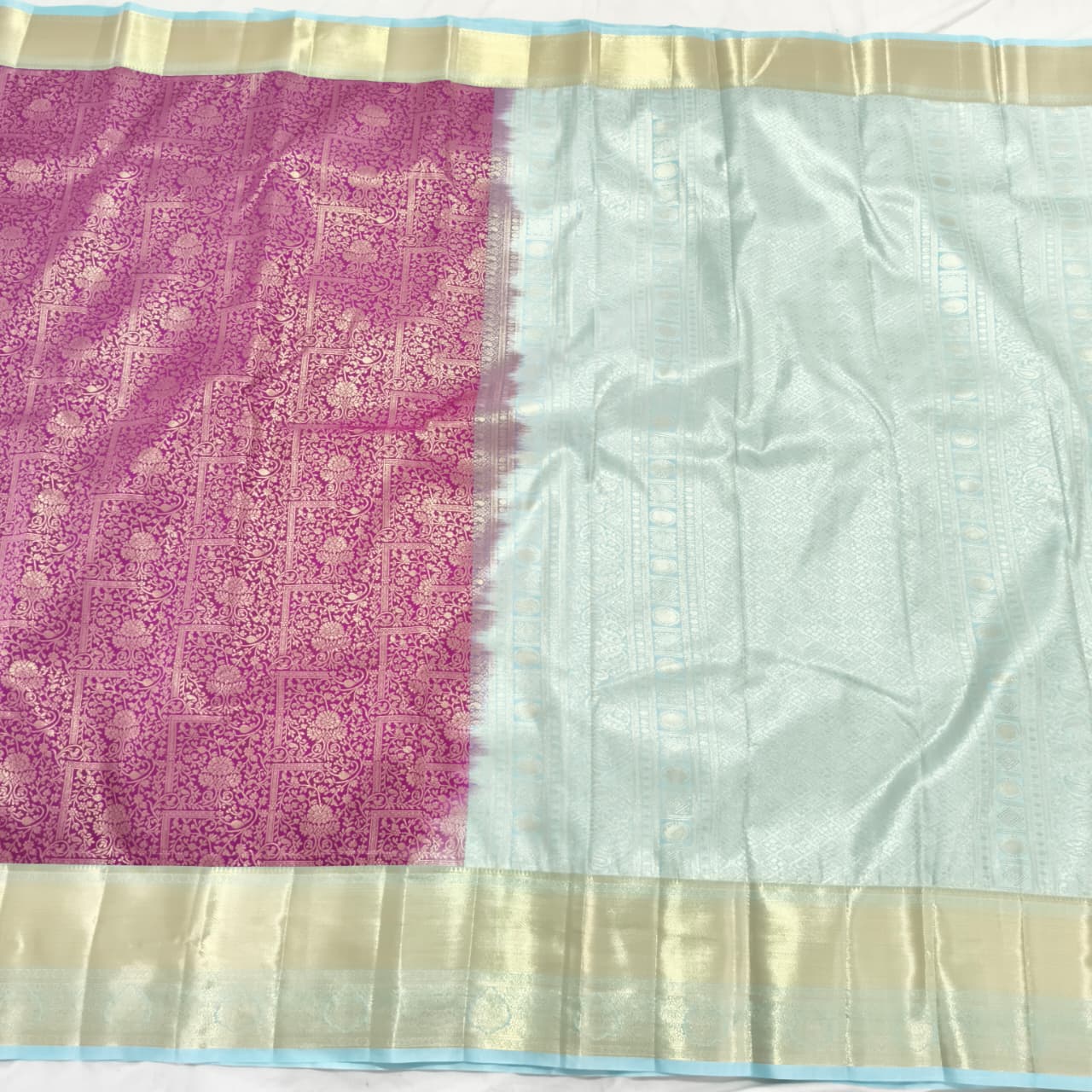 Semi Kanchipuram Brocade Silk Saree- Magenta with light blue color Contrast