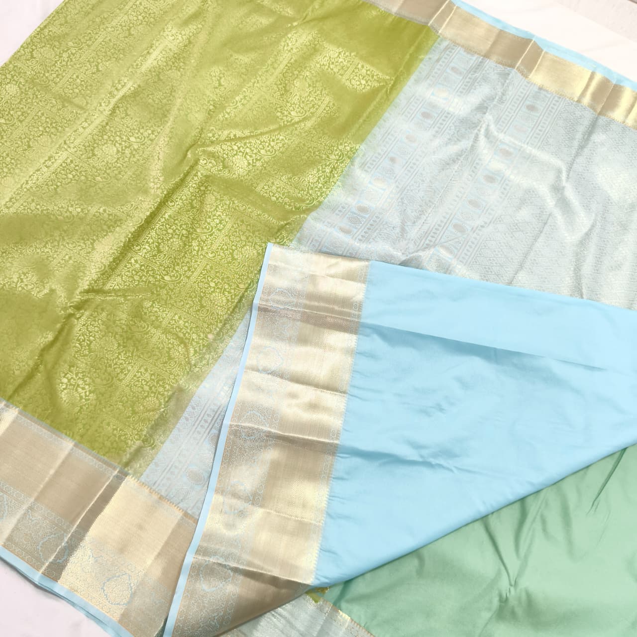 Semi Kanchipuram Brocade Silk Saree- Light Green with light blue color Contrast