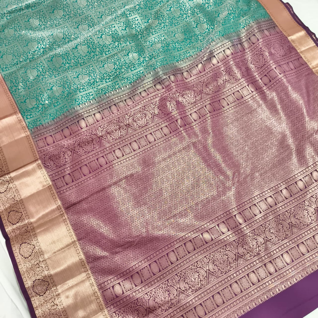 Semi Kanchipuram Brocade Silk Saree- Dark Rama Green with Wine color Contrast