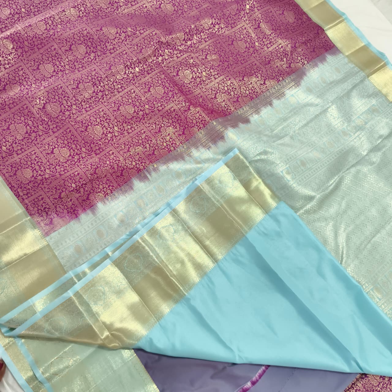 Semi Kanchipuram Brocade Silk Saree- Magenta with light blue color Contrast
