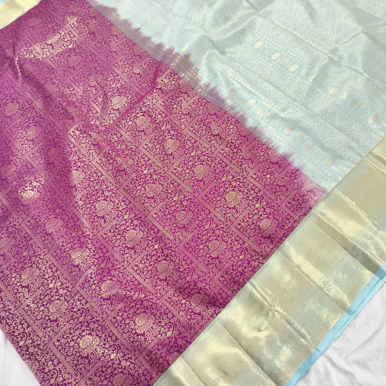 Semi Kanchipuram Brocade Silk Saree- Magenta with light blue color Contrast