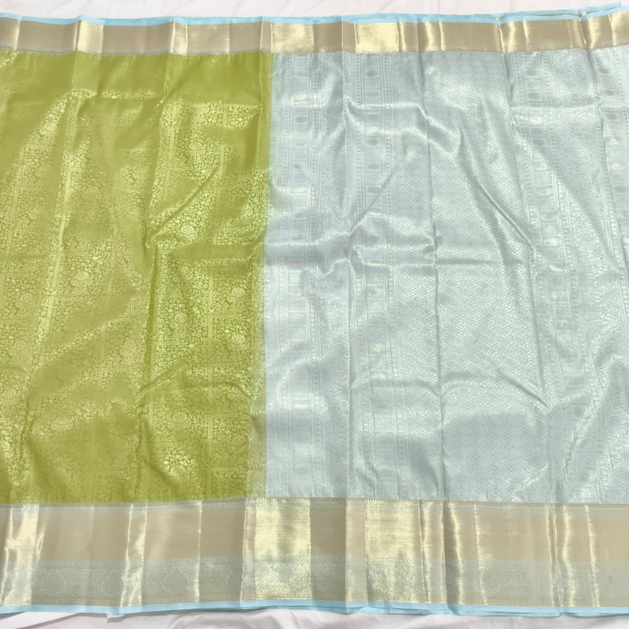 Semi Kanchipuram Brocade Silk Saree- Light Green with light blue color Contrast