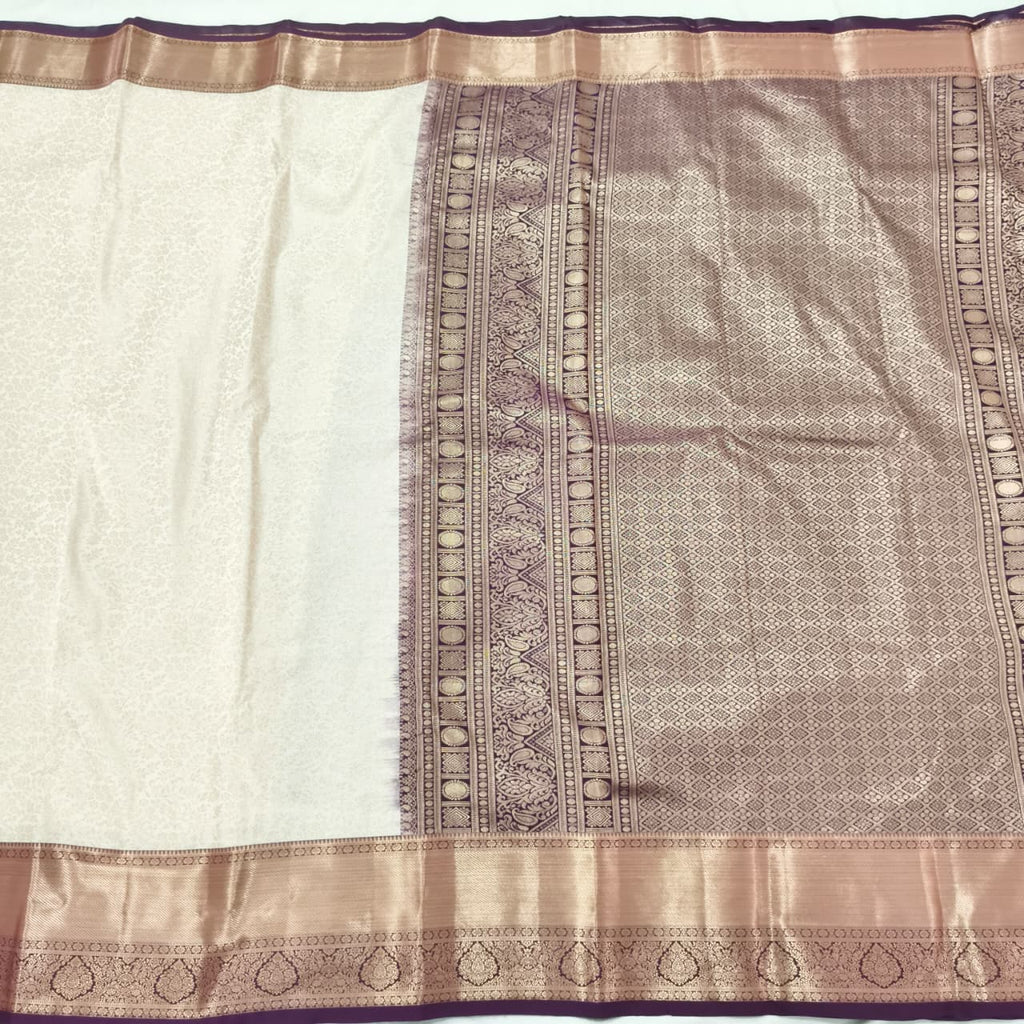 Semi Kanchipuram Brocade Silk Saree- Off White with Wine color Contrast