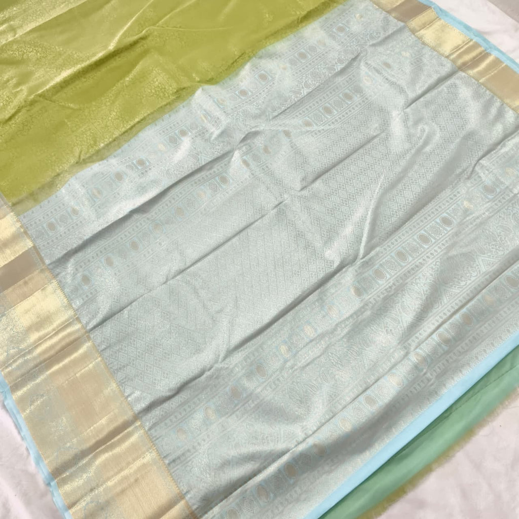 Semi Kanchipuram Brocade Silk Saree- Light Green with light blue color Contrast