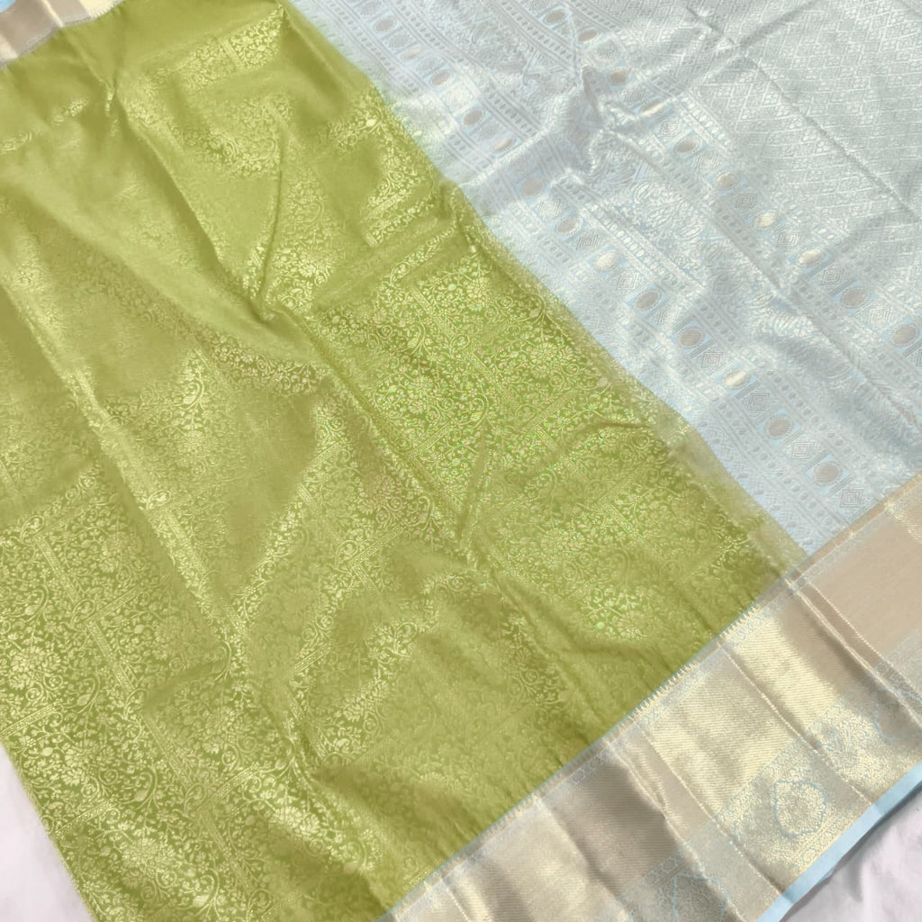 Semi Kanchipuram Brocade Silk Saree- Light Green with light blue color Contrast