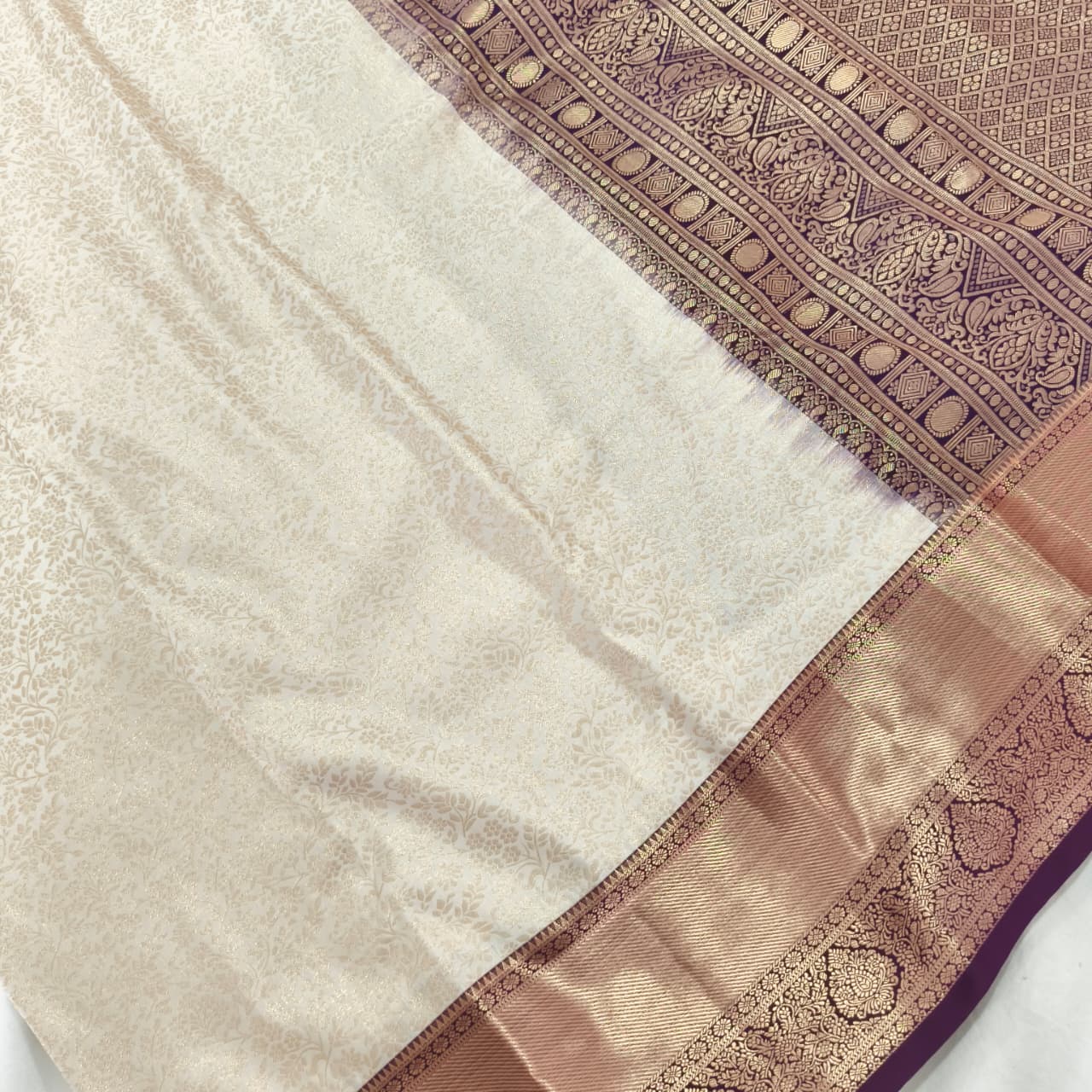 Semi Kanchipuram Brocade Silk Saree- Off White with Wine color Contrast