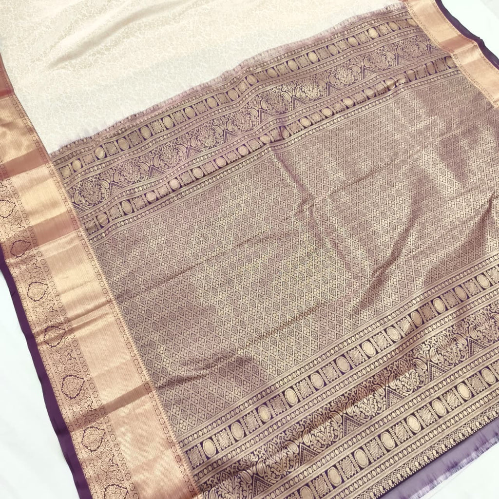 Semi Kanchipuram Brocade Silk Saree- Off White with Wine color Contrast