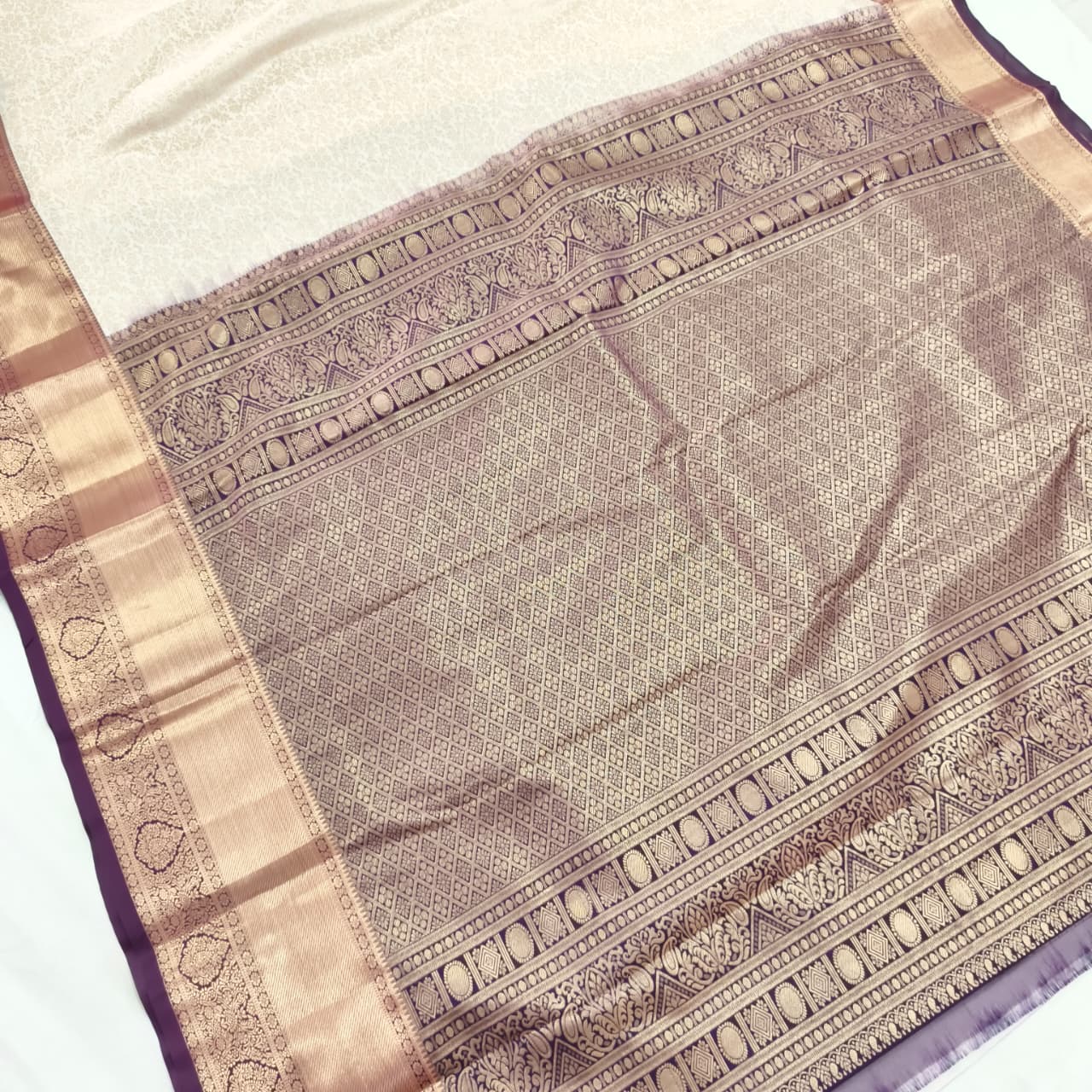 Semi Kanchipuram Brocade Silk Saree- Off White with Wine color Contrast