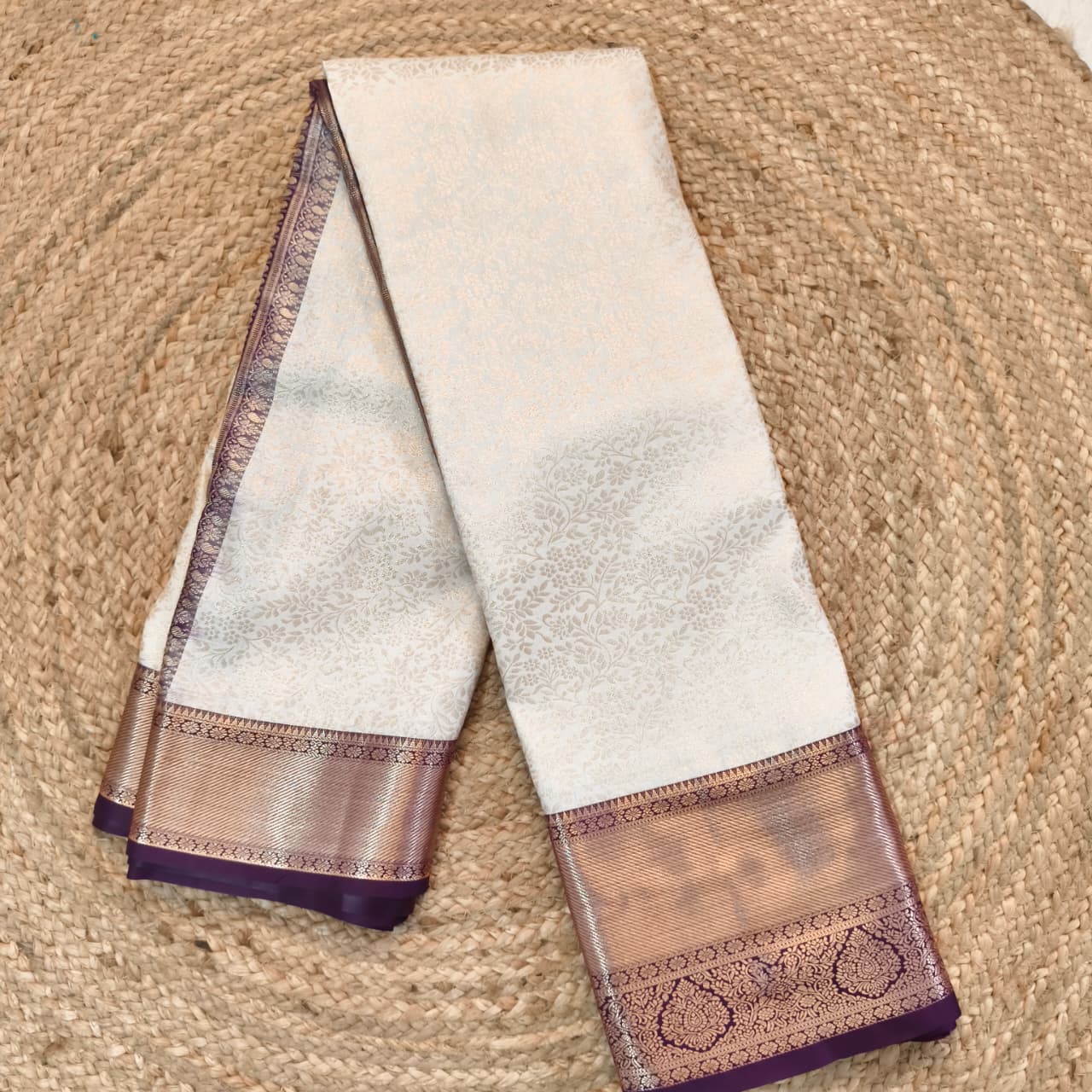 Semi Kanchipuram Brocade Silk Saree- Off White with Wine color Contrast