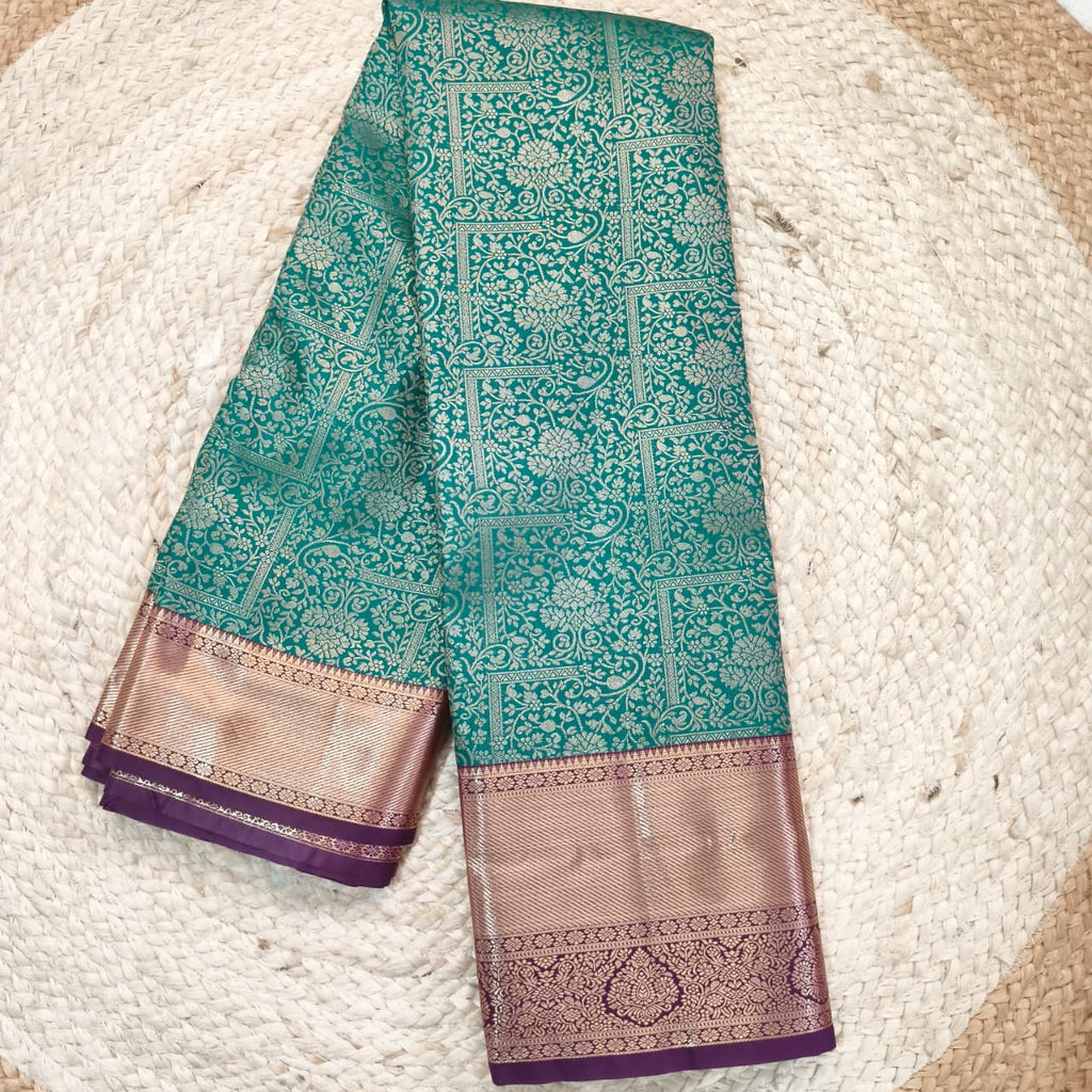 Semi Kanchipuram Brocade Silk Saree- Dark Rama Green with Wine color Contrast