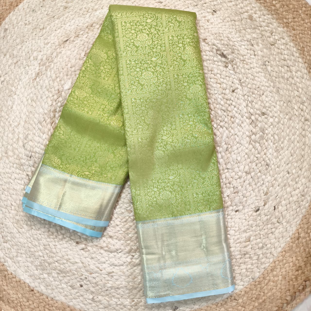 Semi Kanchipuram Brocade Silk Saree- Light Green with light blue color Contrast