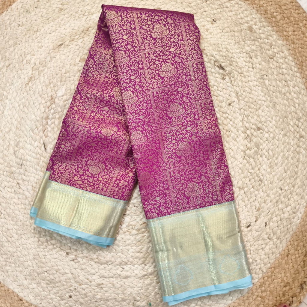 Semi Kanchipuram Brocade Silk Saree- Magenta with light blue color Contrast