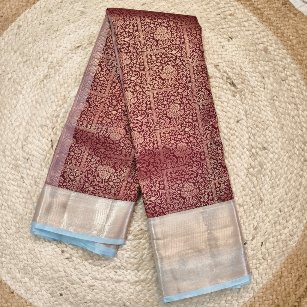 Semi Kanchipuram Brocade Silk Saree- Deep Maroon with Light Blue color Contrast