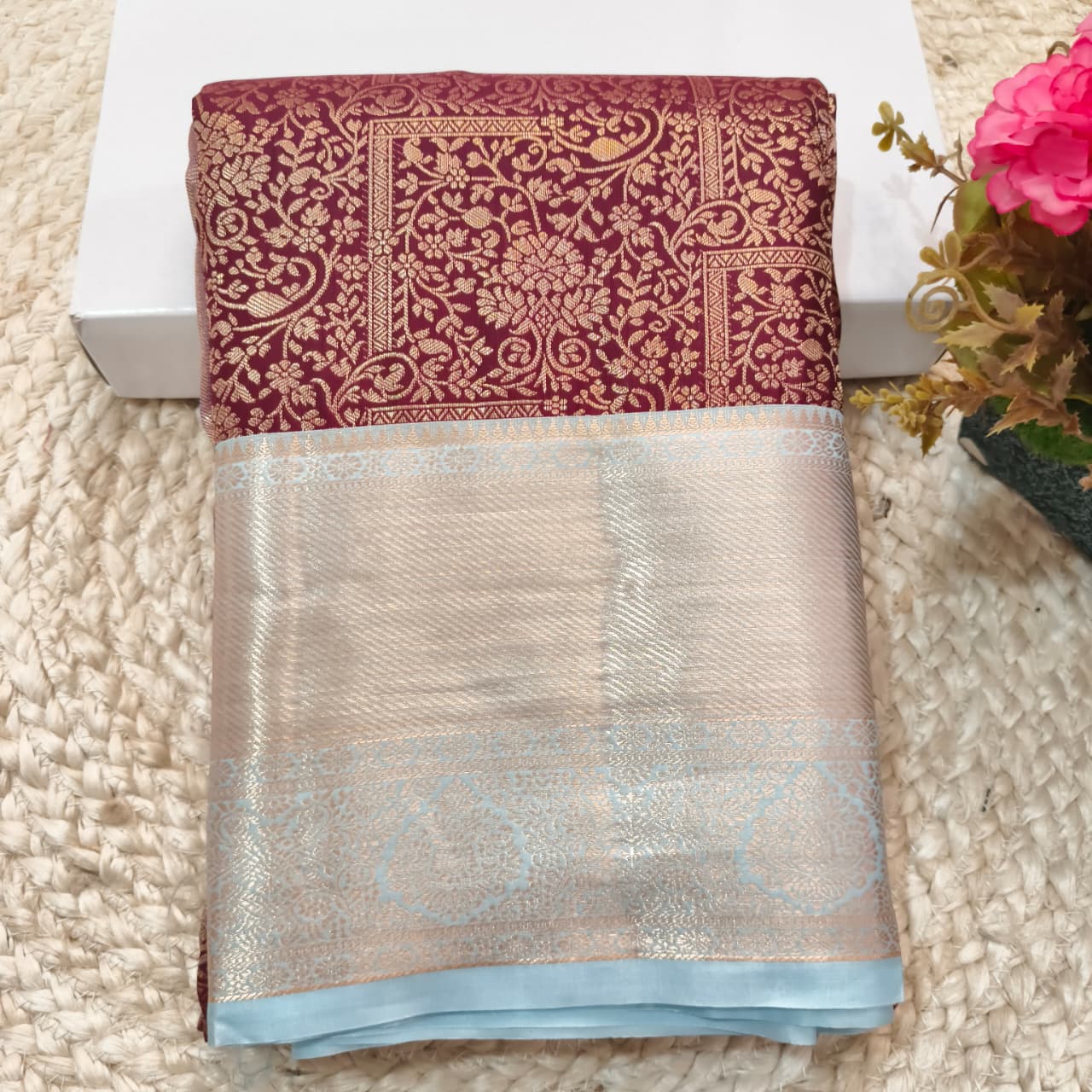 Semi Kanchipuram Brocade Silk Saree- Deep Maroon with Light Blue color Contrast