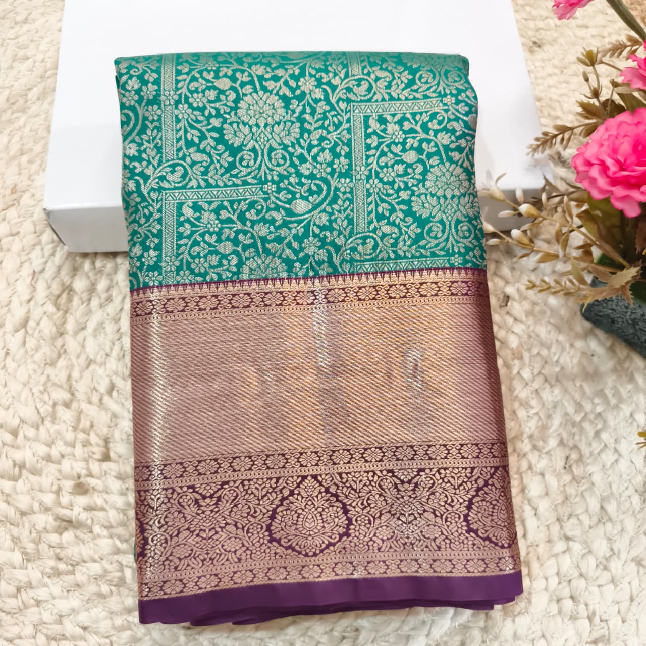 Semi Kanchipuram Brocade Silk Saree- Dark Rama Green with Wine color Contrast