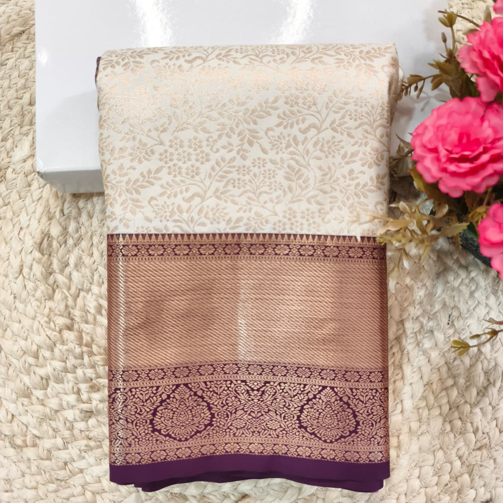 Semi Kanchipuram Brocade Silk Saree- Off White with Wine color Contrast