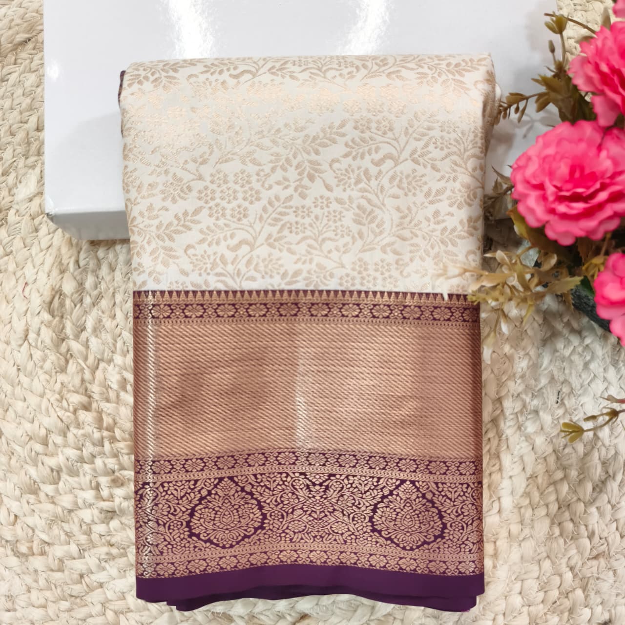 Semi Kanchipuram Brocade Silk Saree- Off White with Wine color Contrast