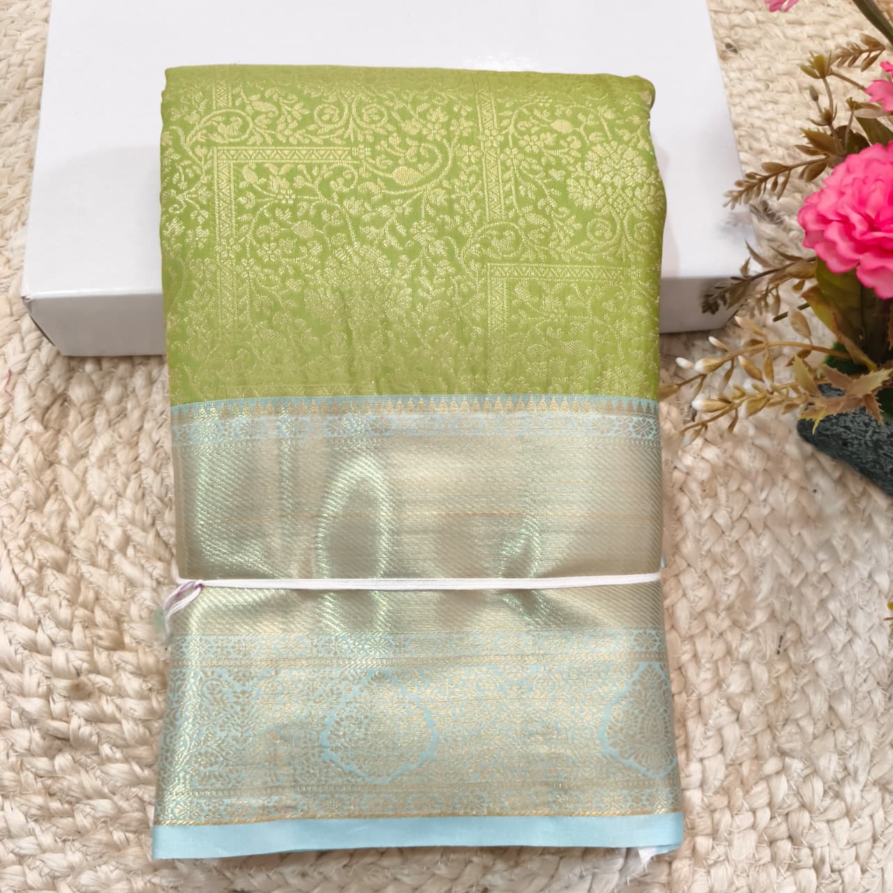 Semi Kanchipuram Brocade Silk Saree- Light Green with light blue color Contrast